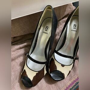 Bakers Cow Print Peep-Toe Mary Jane Heels in Black and Brown